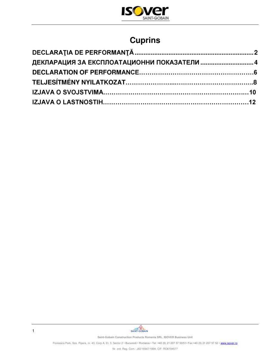 Pagina 1 - Declaratie de performanta pentru vata minerala bazaltica ISOVER FASSADE  Certificare...