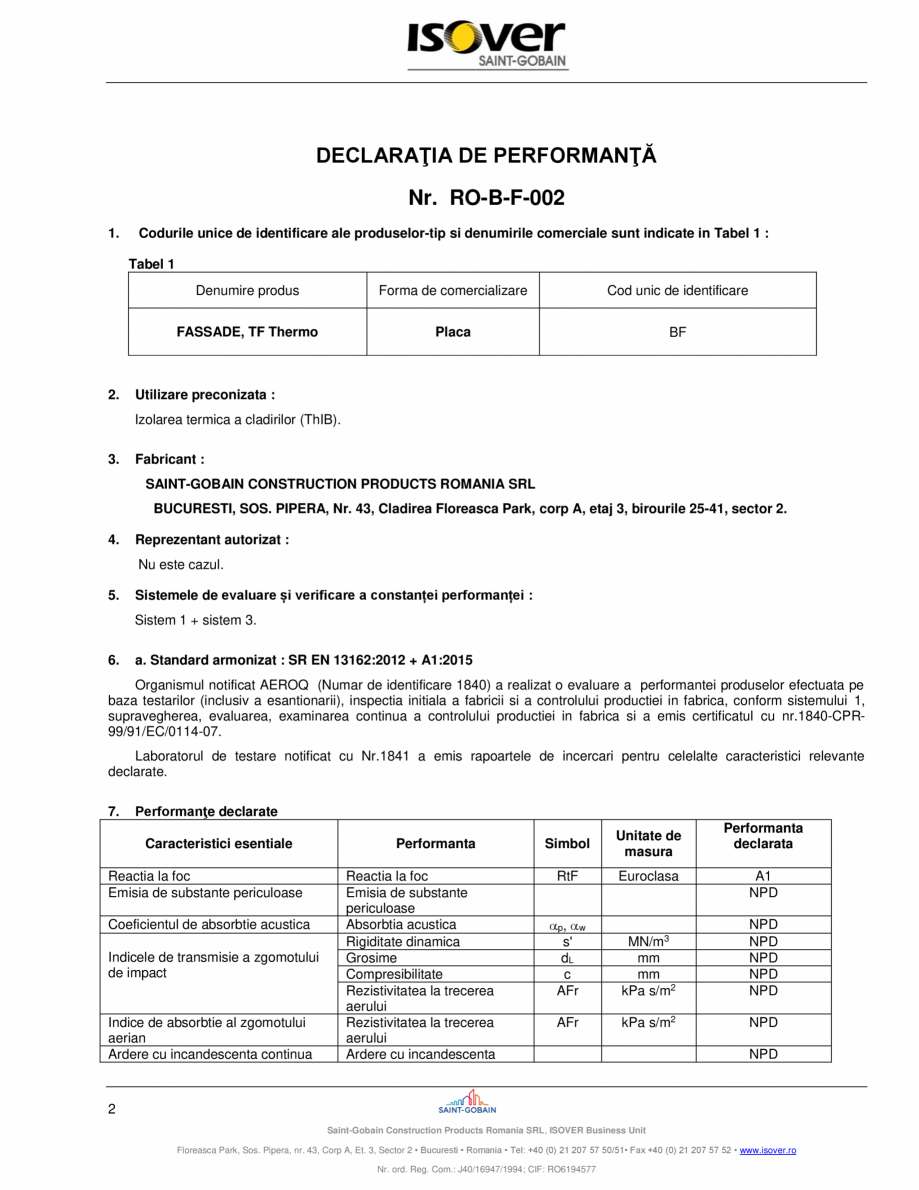 Pagina 2 - Declaratie de performanta pentru vata minerala bazaltica ISOVER FASSADE  Certificare...