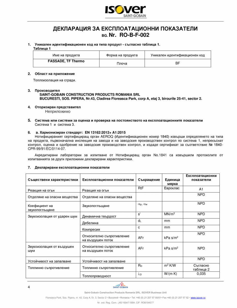 Pagina 4 - Declaratie de performanta pentru vata minerala bazaltica ISOVER FASSADE  Certificare...