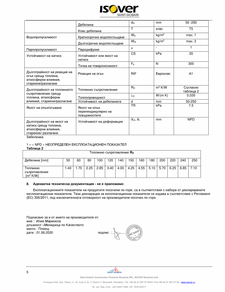 Pagina 5 - Declaratie de performanta pentru vata minerala bazaltica ISOVER FASSADE  Certificare...