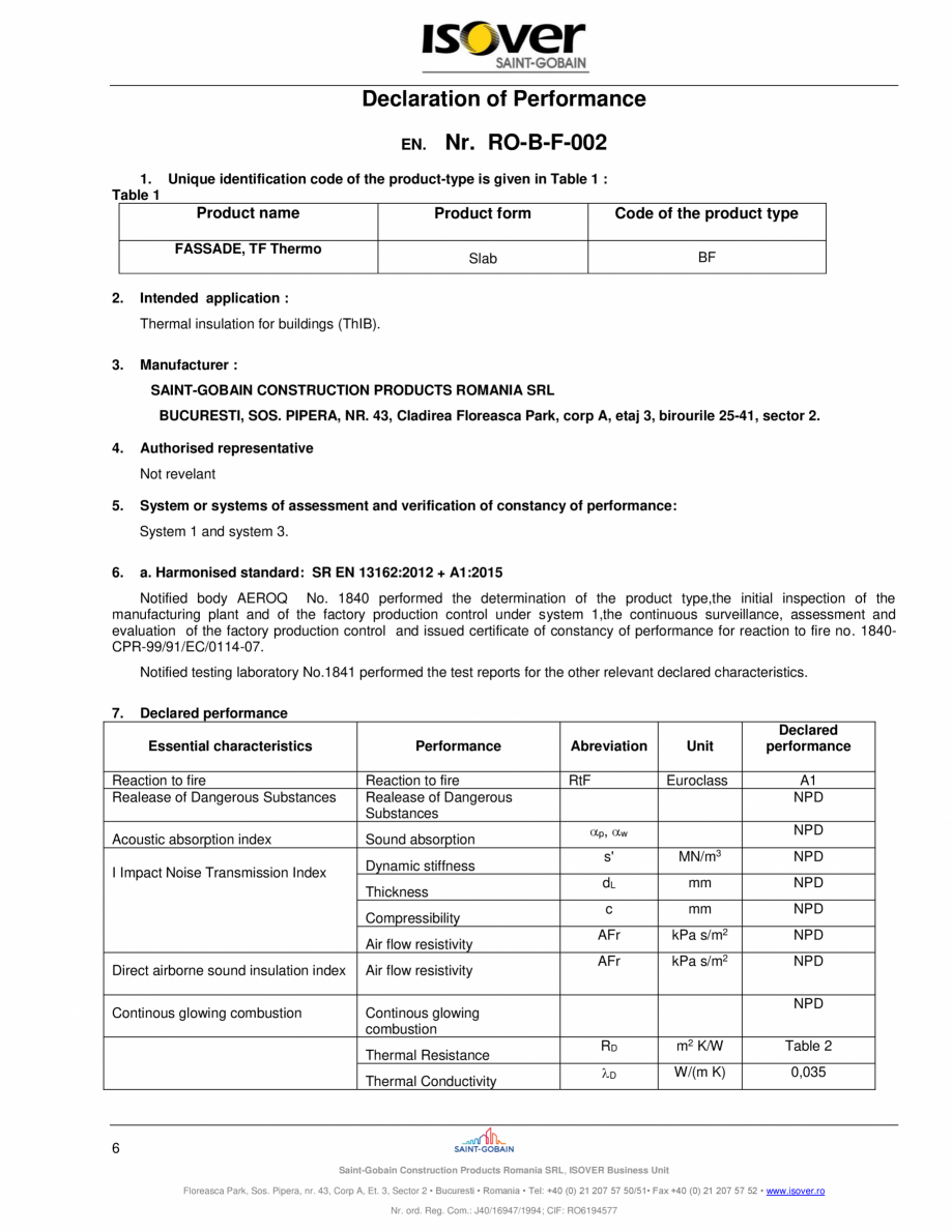 Pagina 6 - Declaratie de performanta pentru vata minerala bazaltica ISOVER FASSADE  Certificare...