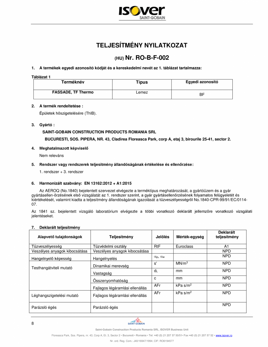Pagina 8 - Declaratie de performanta pentru vata minerala bazaltica ISOVER FASSADE  Certificare...