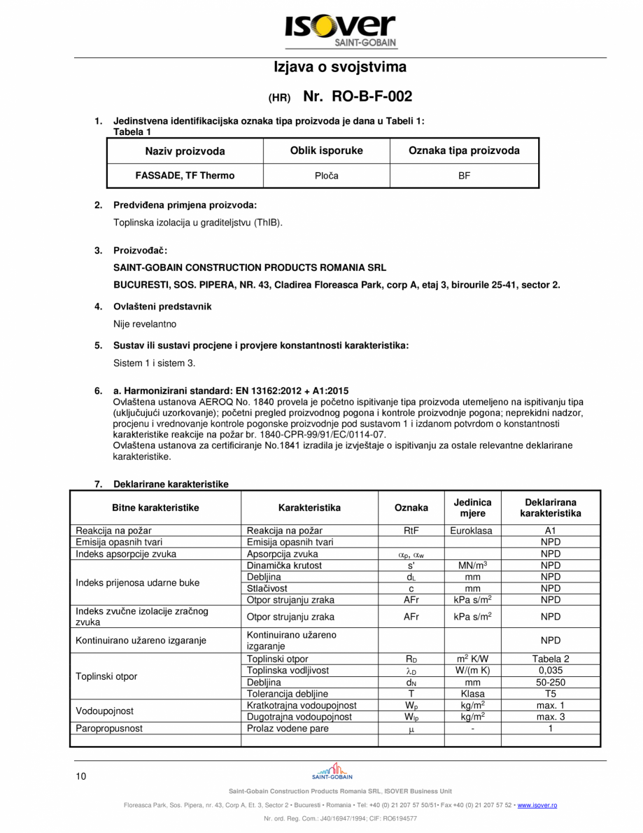 Pagina 10 - Declaratie de performanta pentru vata minerala bazaltica ISOVER FASSADE  Certificare...