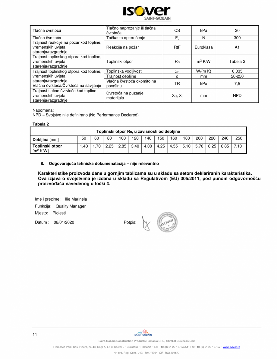 Pagina 11 - Declaratie de performanta pentru vata minerala bazaltica ISOVER FASSADE  Certificare...