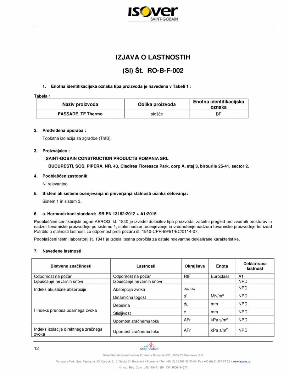 Pagina 12 - Declaratie de performanta pentru vata minerala bazaltica ISOVER FASSADE  Certificare...
