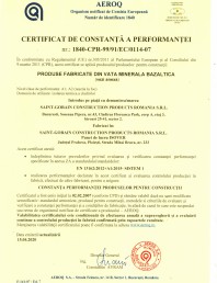 Certificat de constanta a performantei pentru vata minerala bazaltica  - nr: 1840-CPR-99/91/EC/0114-07