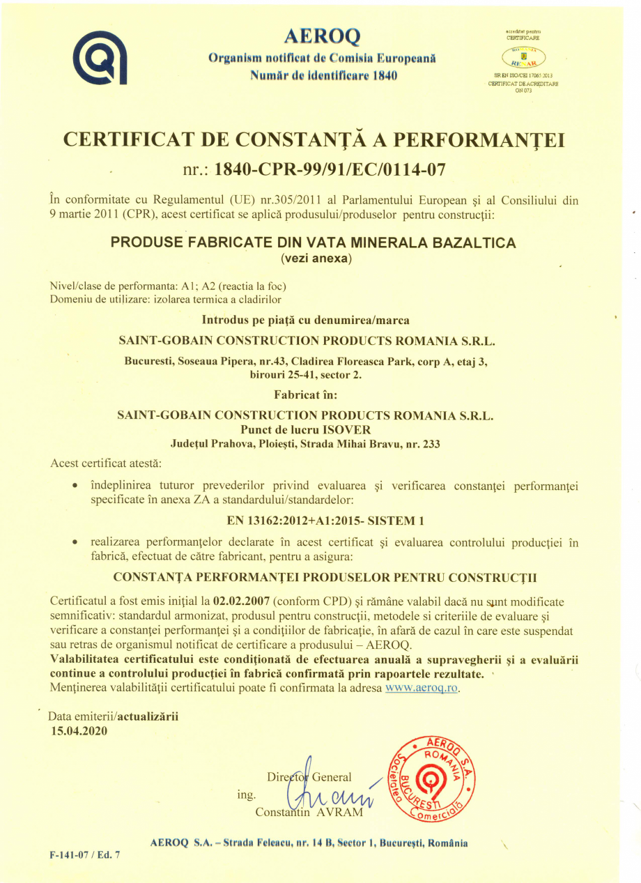 Pagina 1-Certificat de constanta a performantei pentru vata minerala bazaltica  - nr:...