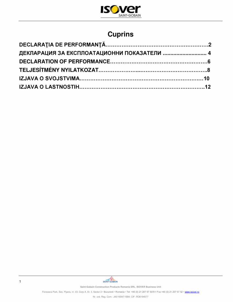Pagina 1-Declaratie de performanta pentru vata minerala bazaltica  ISOVER PROFI FASSADE Certificare produs...