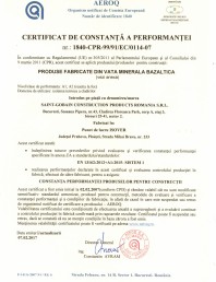 Certificat de constanta a performantei pentru vata minerala bazaltica