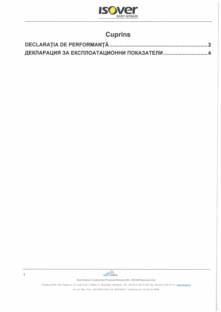 Pagina 1-Declaratie de performanta pentru vata minerala bazaltica  ISOVER PLU Certificare produs Romana,...