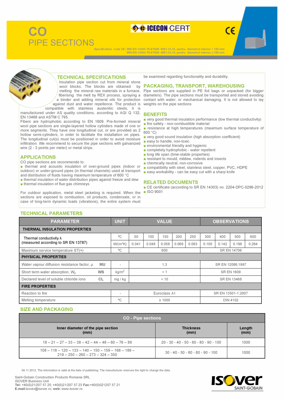 Pagina 1-Cochilii rigide necaserate cu folie de aluminiu ISOVER  CO/ CO AL Fisa tehnica CO
PIPE SECTIONS...