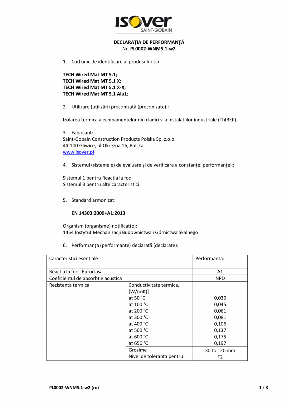 Pagina 1-Declaratie de performanta pentru saltea din vata minerala bazaltica cusuta cu sarma zincata de otel,...