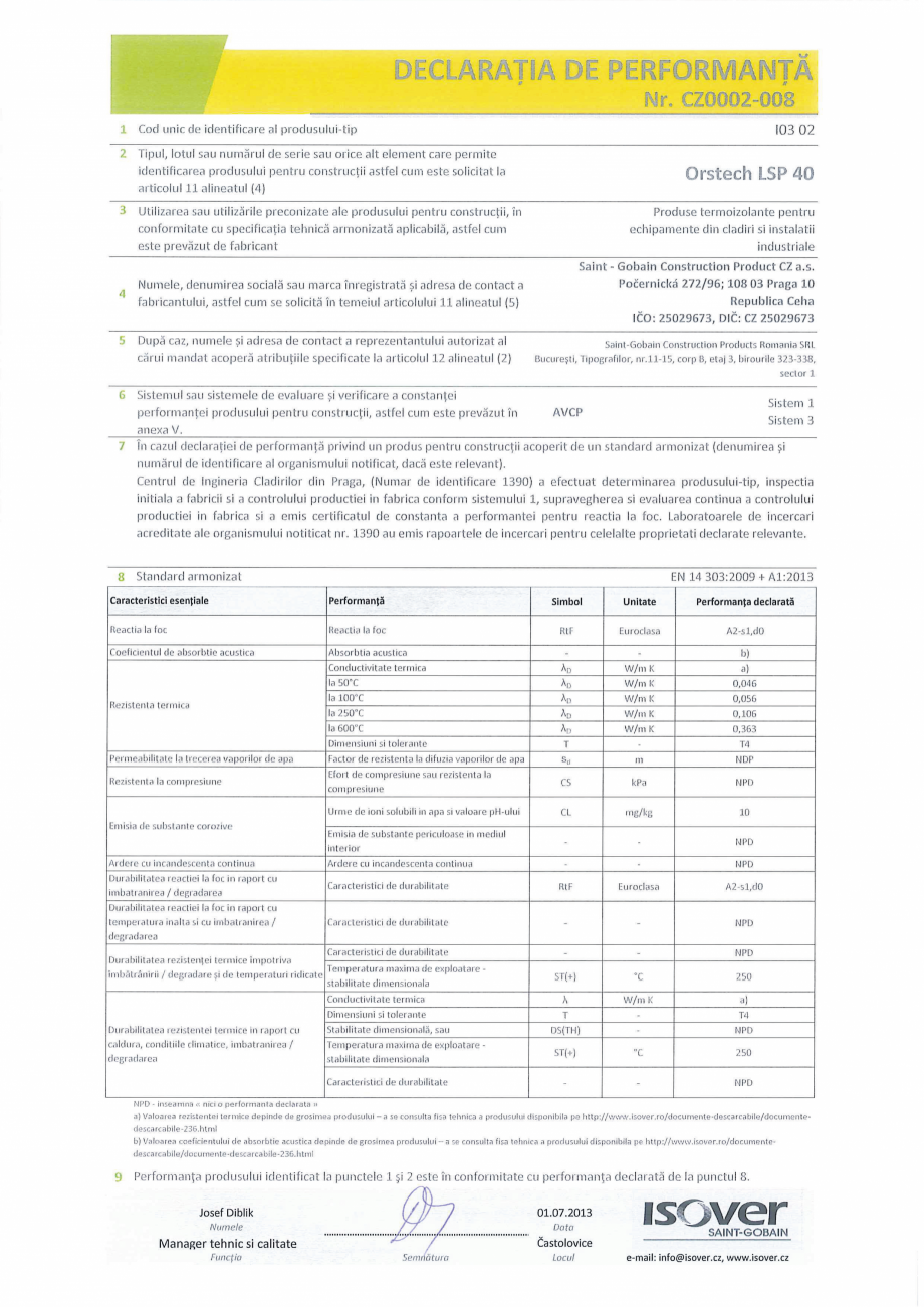 Pagina 1-Declaratie de performanta pentru saltea lamelara din vata minerala bazaltica ISOVER ORSTECH LSP 40  ...