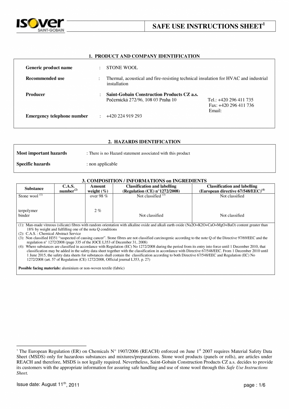 Pagina 1 - Instructiuni de utilizare si securitate pentru vata minerala bazaltica ISOVER  CO/ CO AL,...