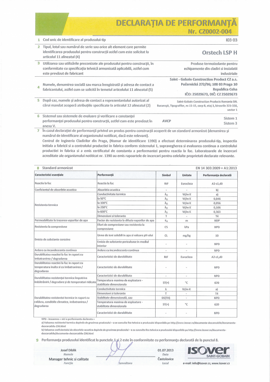 Pagina 1-Declaratie de performanta pentru saltea lamelara din vata minerala bazaltica ISOVER ORSTECH LSP H ...