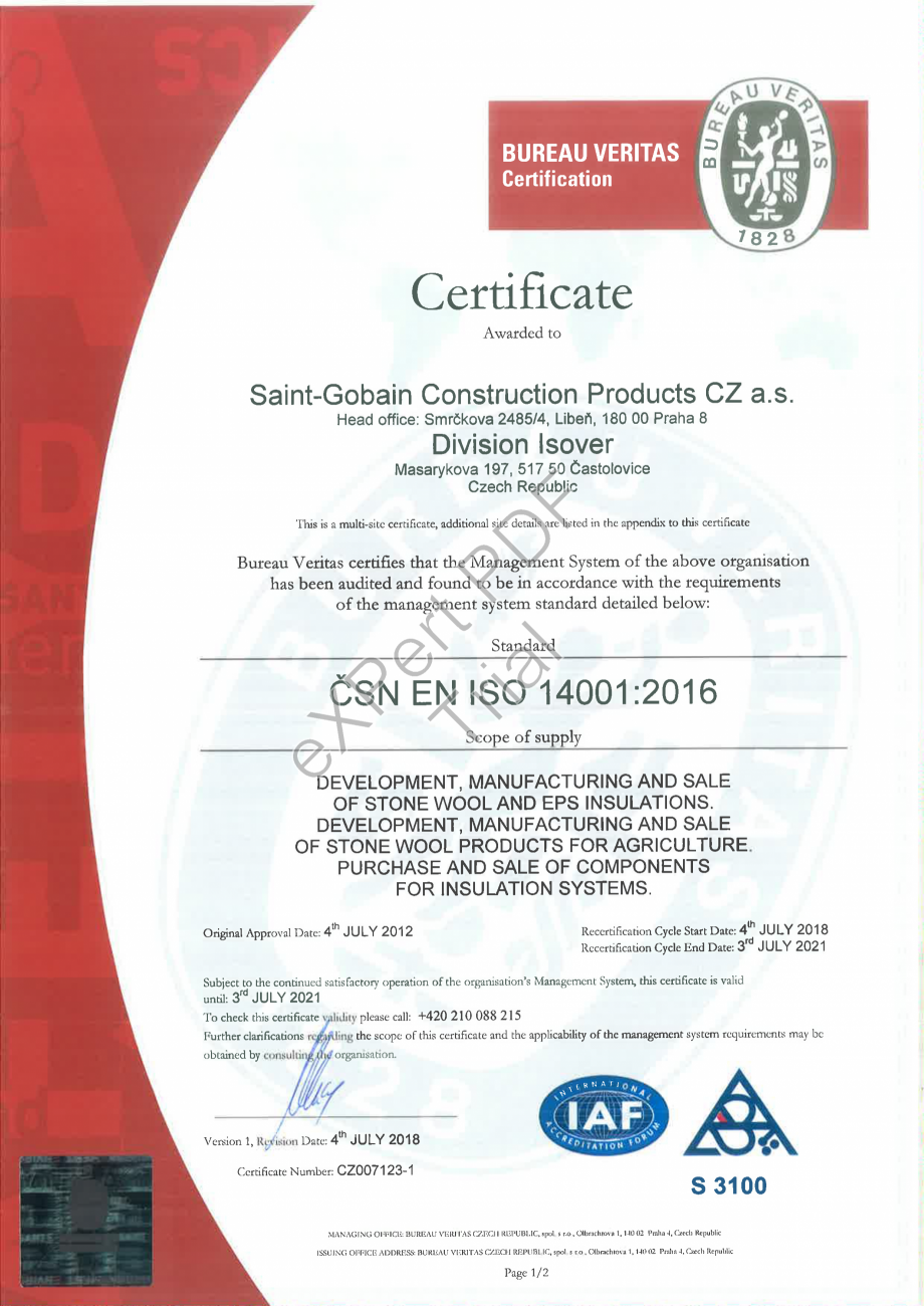 Pagina 1-Certificat ISO 14001:2016 ISOVER  CO/ CO AL, TECH Wired Mat 4.1 , TECH Wired Mat 5.1, ORSTECH LSP 40...