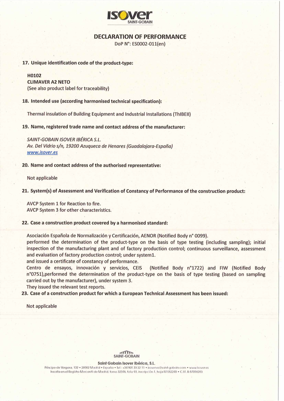 Pagina 1-Declaratie de performanta pentru panouri rigide din vata minerala de sticla ISOVER Climaver A2 Neto ...