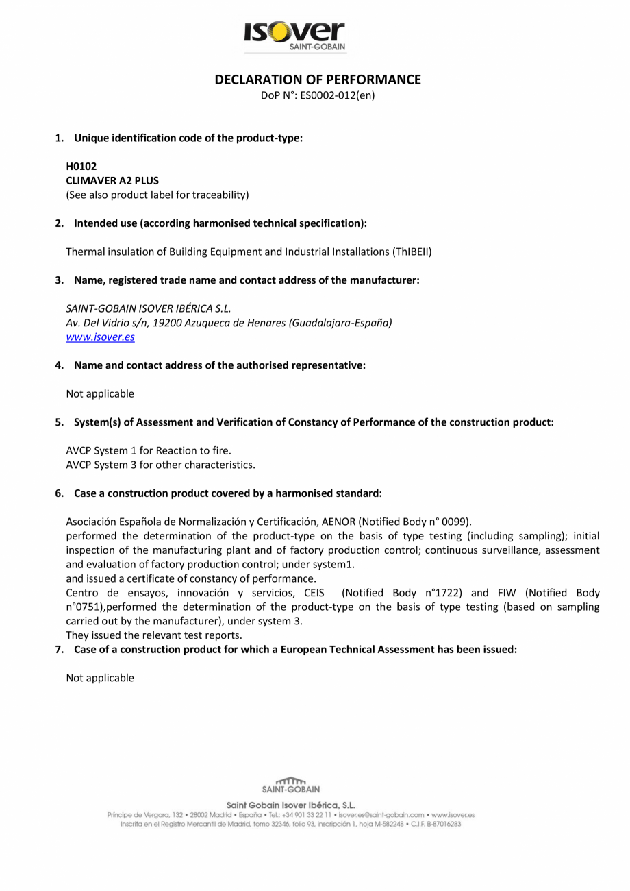 Pagina 1-Declaratie de performanta pentru panouri rigide din vata minerala de sticla  ISOVER Climaver A2 Plus...