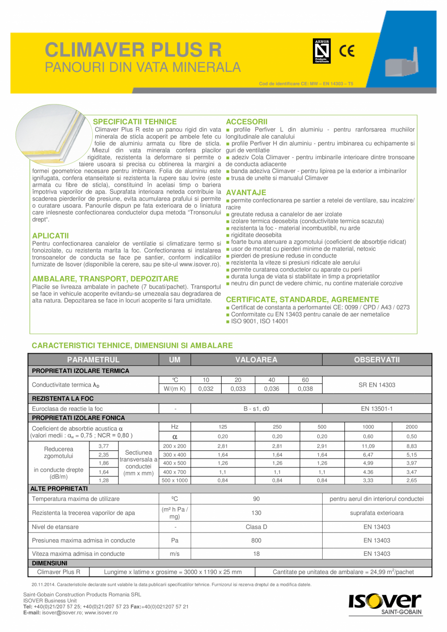 Pagina 1-Panouri rigide din vata minerala de sticla ISOVER Climaver Plus R Fisa tehnica Romana CLIMAVER PLUS ...