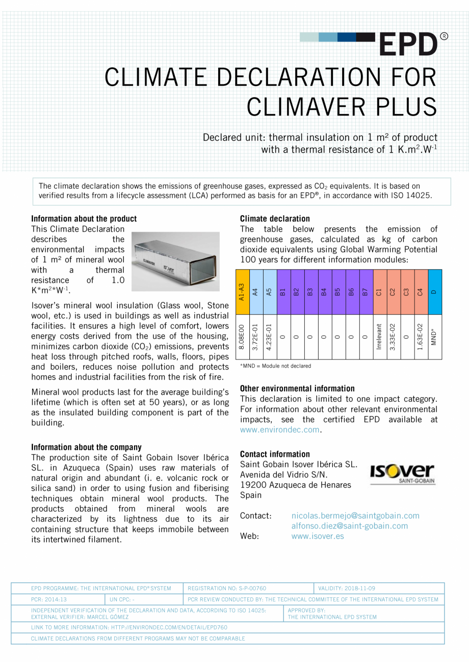 Pagina 1-Impactul vatei minerale asupra mediului ISOVER Climaver Plus R Certificare produs Engleza 