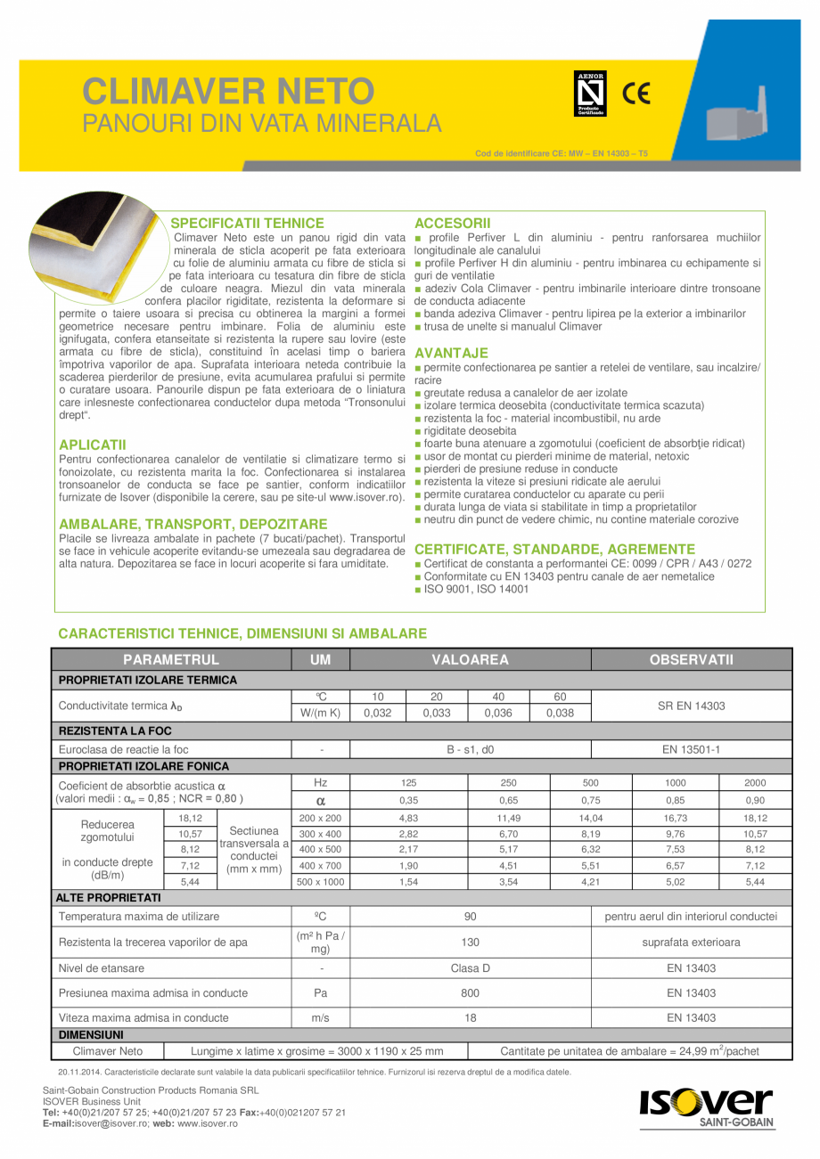 Pagina 1-Panouri rigide din vata minerala de sticla ISOVER Climaver Neto Fisa tehnica Romana CLIMAVER NETO...