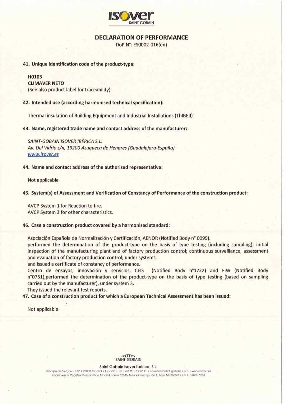 Pagina 1-Declaratie de performanta pentru vata minerala de sticla ISOVER Climaver Neto Certificare produs...