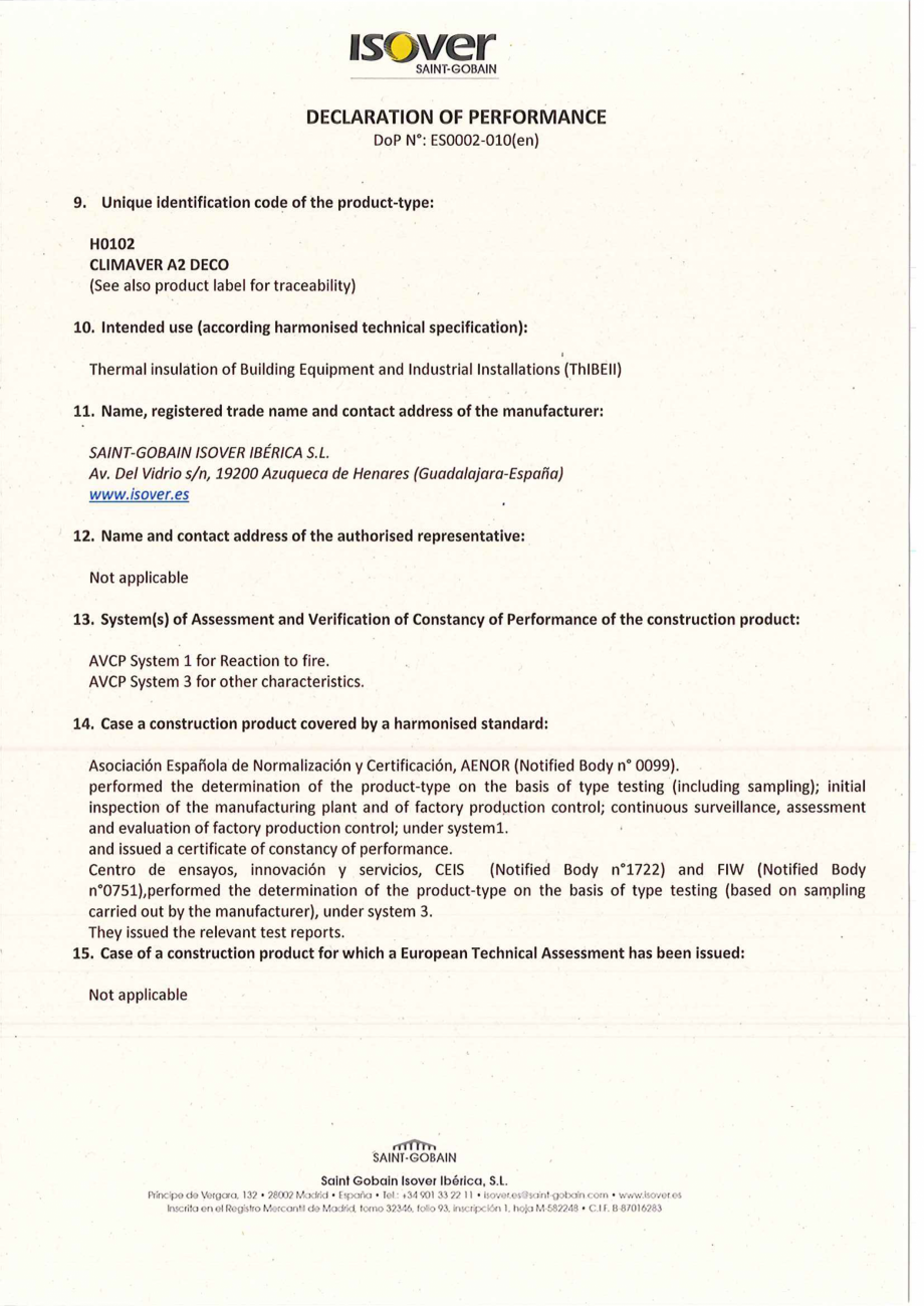 Pagina 1-Declaratie de performanta pentru vata minerala de sticla  ISOVER Climaver Deco Certificare produs...