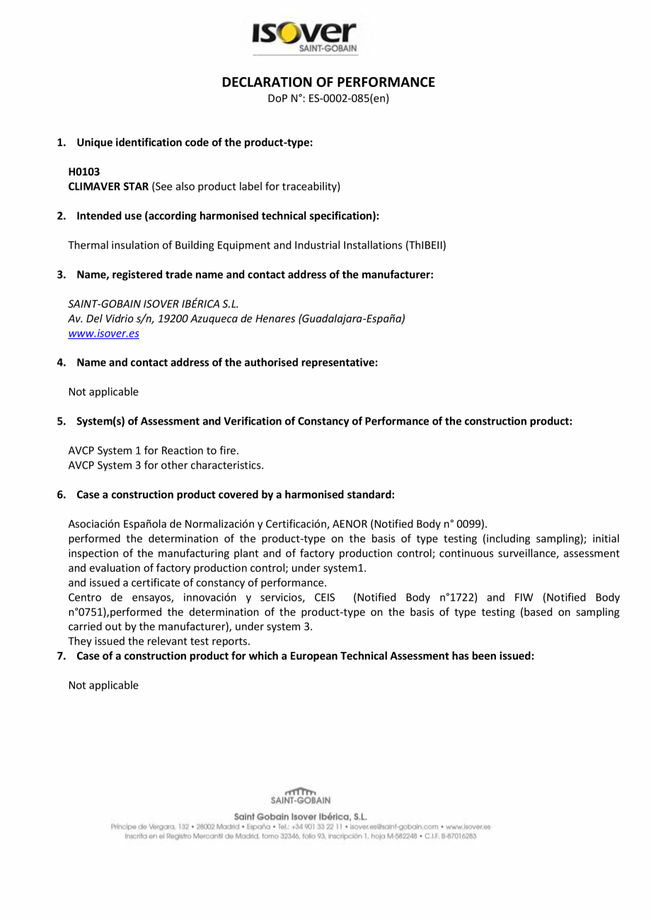 Pagina 1-Declaratie de performanta pentru pentru vata minerala de sticla  ISOVER Climaver Star Certificare...