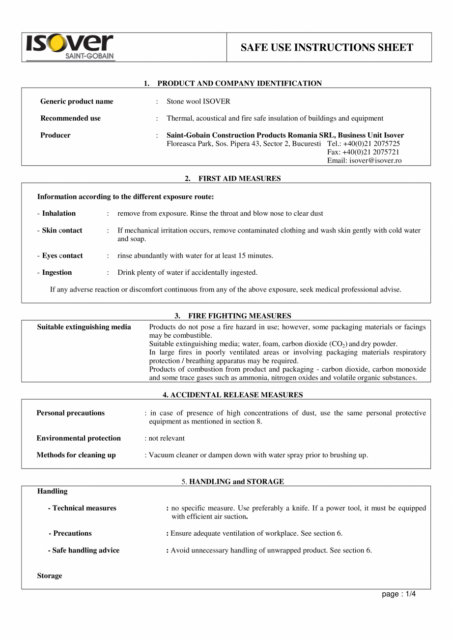 Pagina 1-Fisa de utilizare si securitate vata minerala bazaltica ISOVER PLA NT Instructiuni montaj, utilizare...