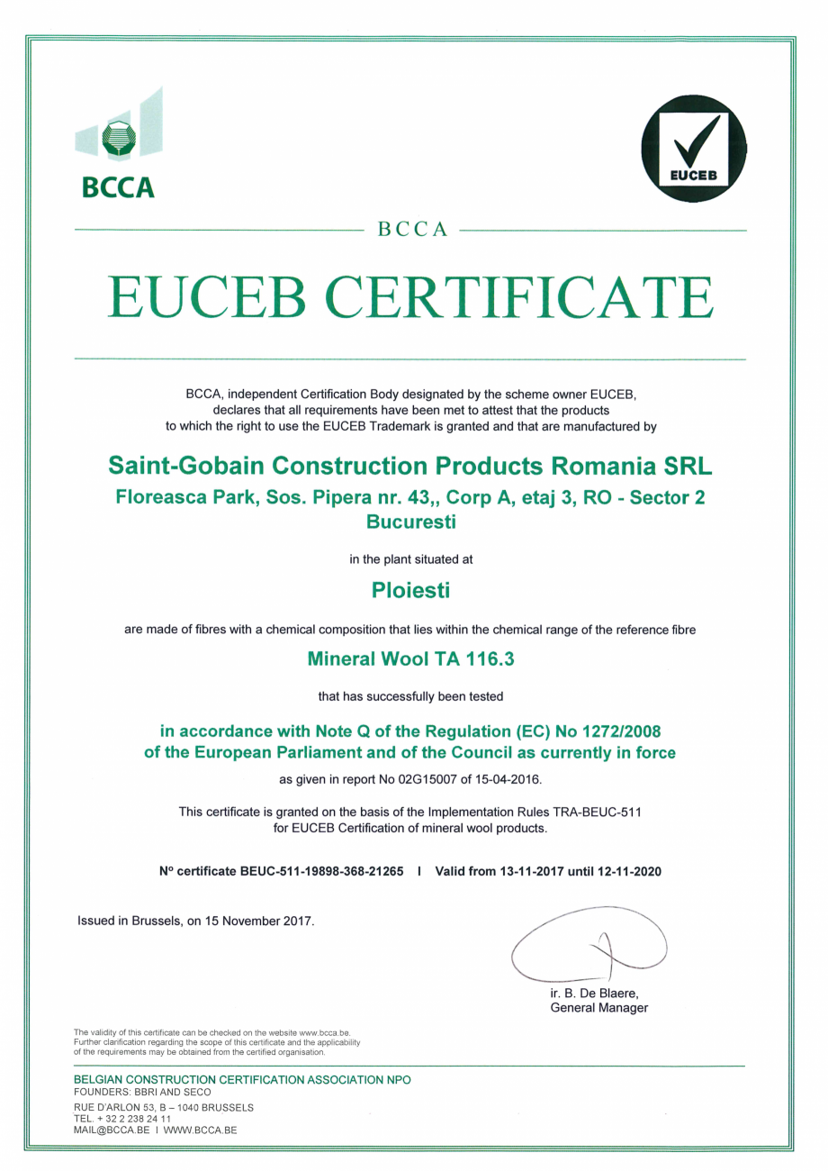 Pagina 1-Certificat EUCEB ISOVER PLA NT Certificare produs 