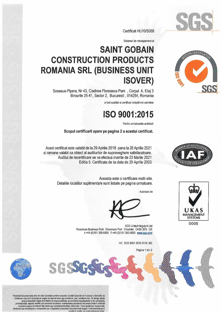 Pagina 1-Certificat ISO 9001 ISOVER PLA NT Certificare produs 