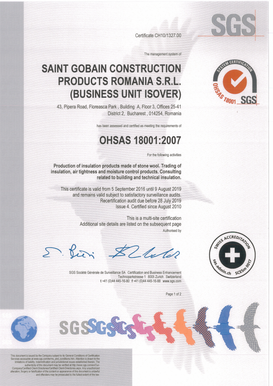 Pagina 1-Certificat OHSAS 18001 ISOVER PLA NT Certificare produs 