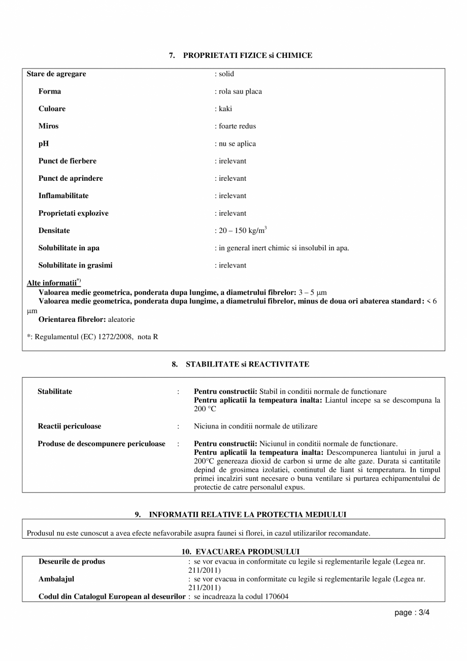 Pagina 3 - Fisa de utilizare si securitate pentru vata minerala bazaltica ISOVER PLA NT Instructiuni...