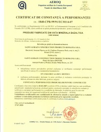 Certificat de constanta a performantei pentru vata minerala bazaltica - nr: 1840-CPR-99/91/EC/0114-07