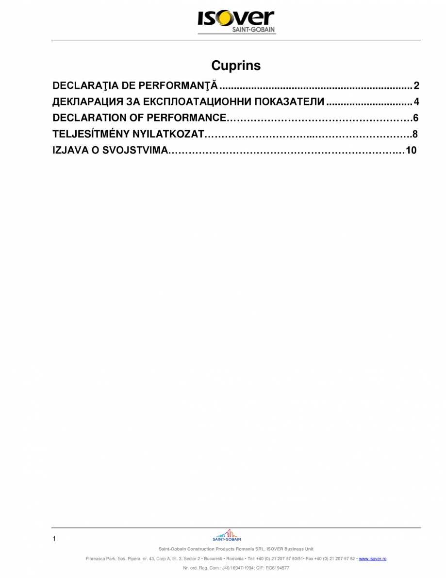 Pagina 1-Declaratie de performanta pentru vata minerala bazaltica  ISOVER PLE PLUS, PLE PLUS ALU Certificare ...