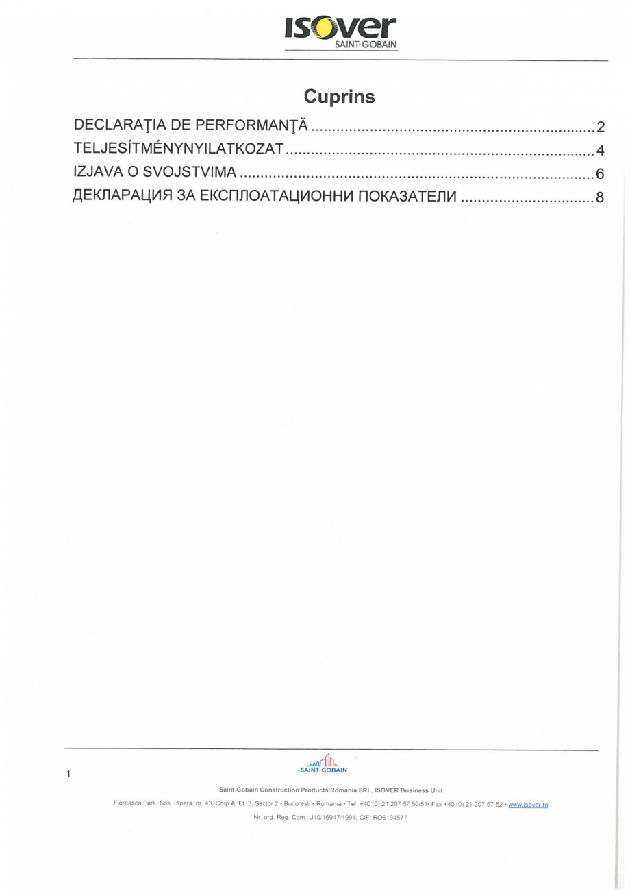 Pagina 1-Declaratia de performanta pentru saltele de vata minerala de sticla  ISOVER RIO ALU Certificare...