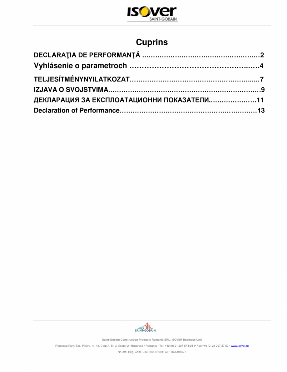 Pagina 1 - Declaratia de performanta pentru saltele de vata minerala de sticla ISOVER RIO PLUS...