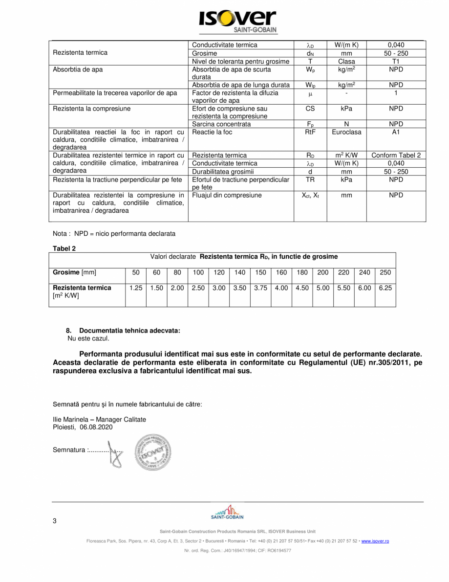 Pagina 3 - Declaratia de performanta pentru saltele de vata minerala de sticla ISOVER RIO PLUS...