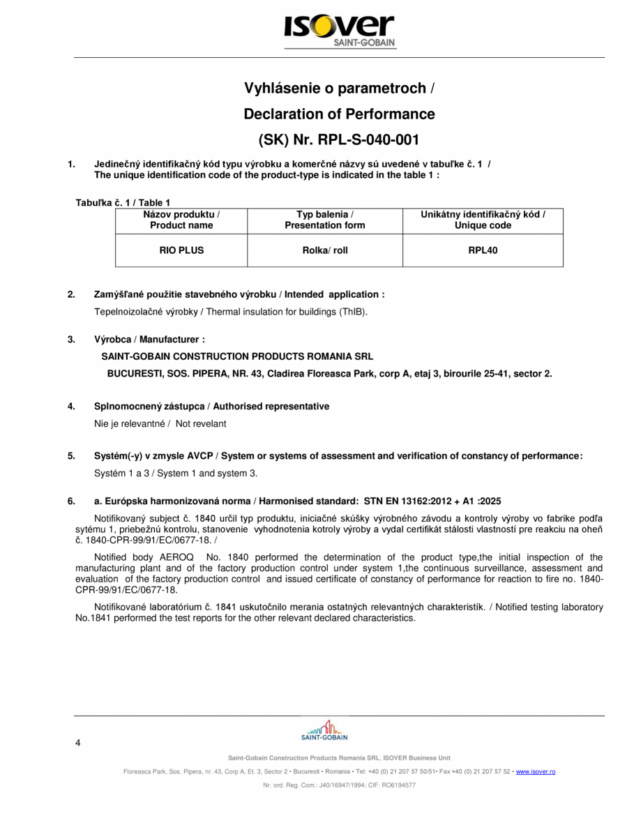 Pagina 4 - Declaratia de performanta pentru saltele de vata minerala de sticla ISOVER RIO PLUS...