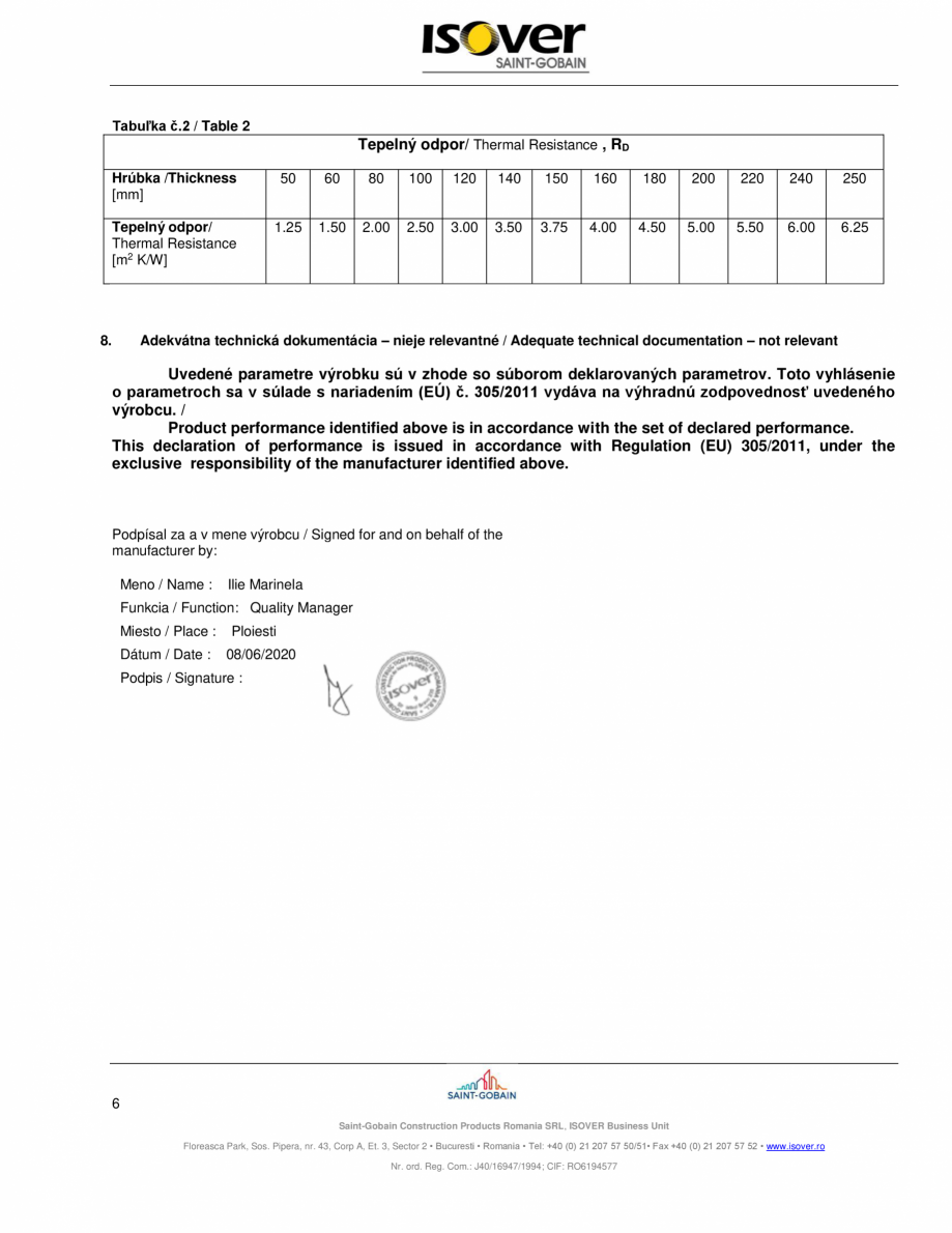 Pagina 6 - Declaratia de performanta pentru saltele de vata minerala de sticla ISOVER RIO PLUS...