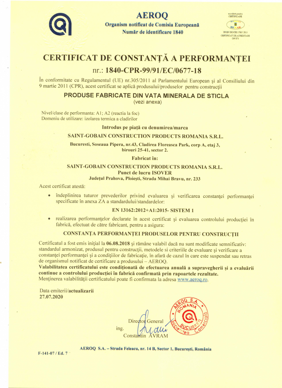 Pagina 1-Certificat de constanta a performantei nr. 1840-CPR-99/91/EC/0677-18 pentru produse fabricate din...