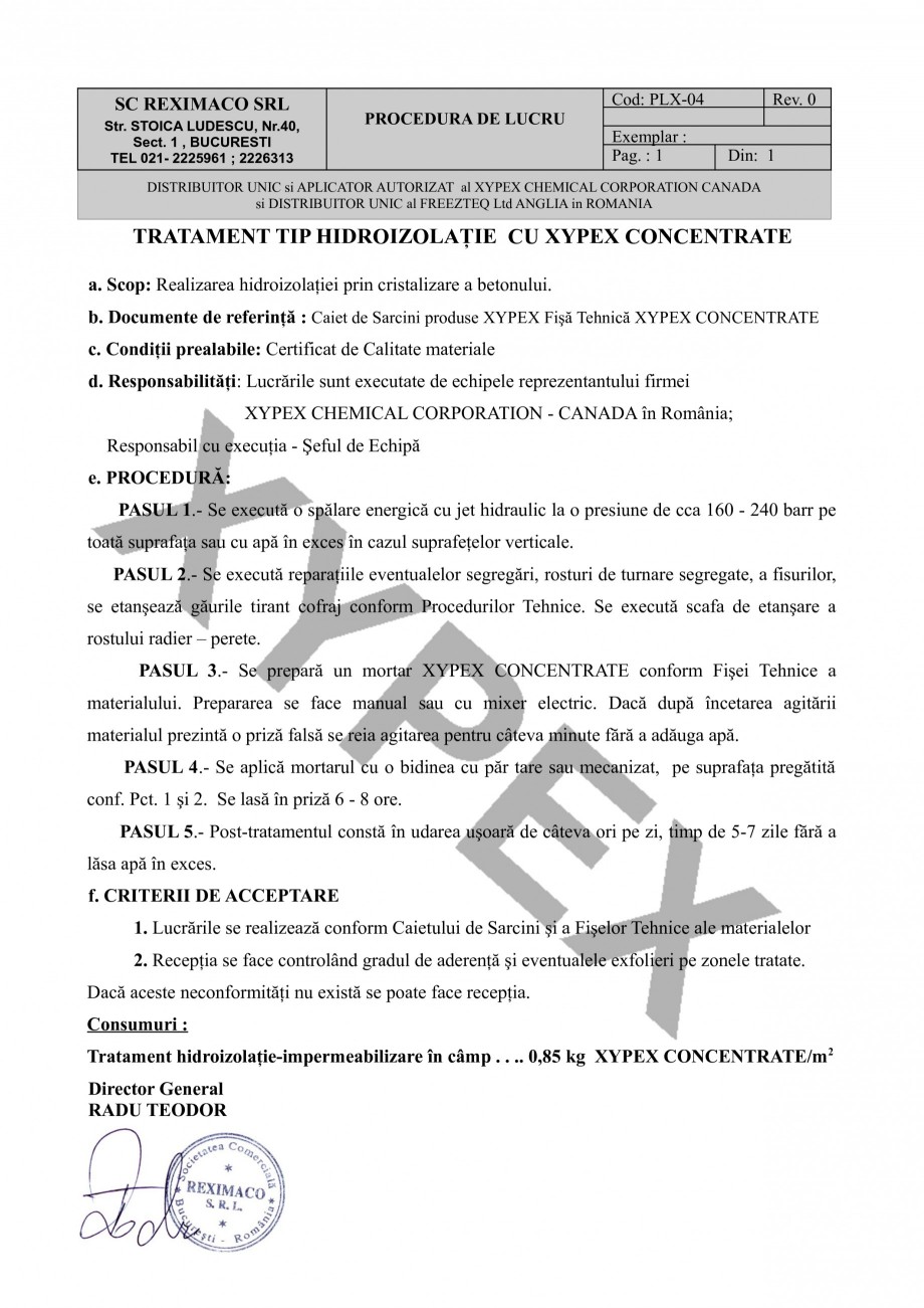 Pagina 1-Tratament tip hidroizolatie prin cristalizare XYPEX XYPEX CONCENTRATE Instructiuni montaj, utilizare...