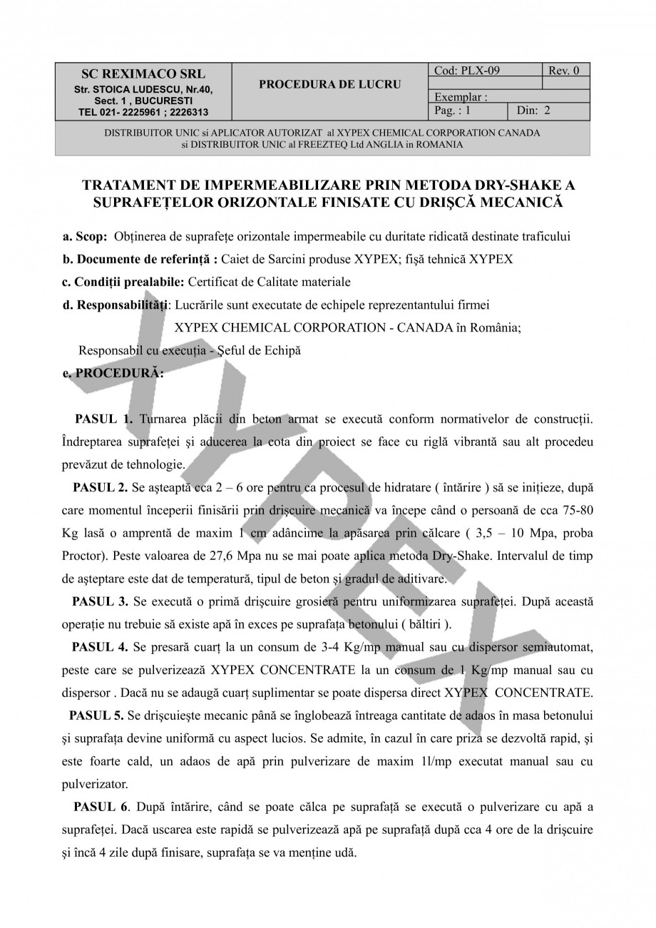 Pagina 1-Tratament de impermeabilizare prin metoda DRY-SHAKE XYPEX Instructiuni montaj, utilizare Romana SC...