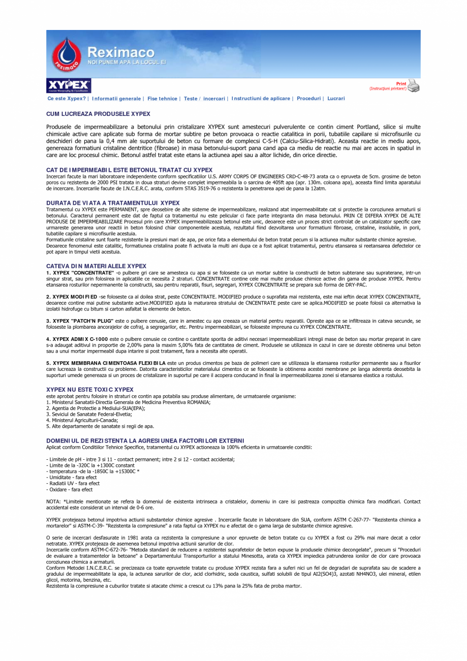 Pagina 1-Produsele de impermeabilizare a betonului prin cristalizare
 XYPEX Catalog, brosura Romana Reximaco
...