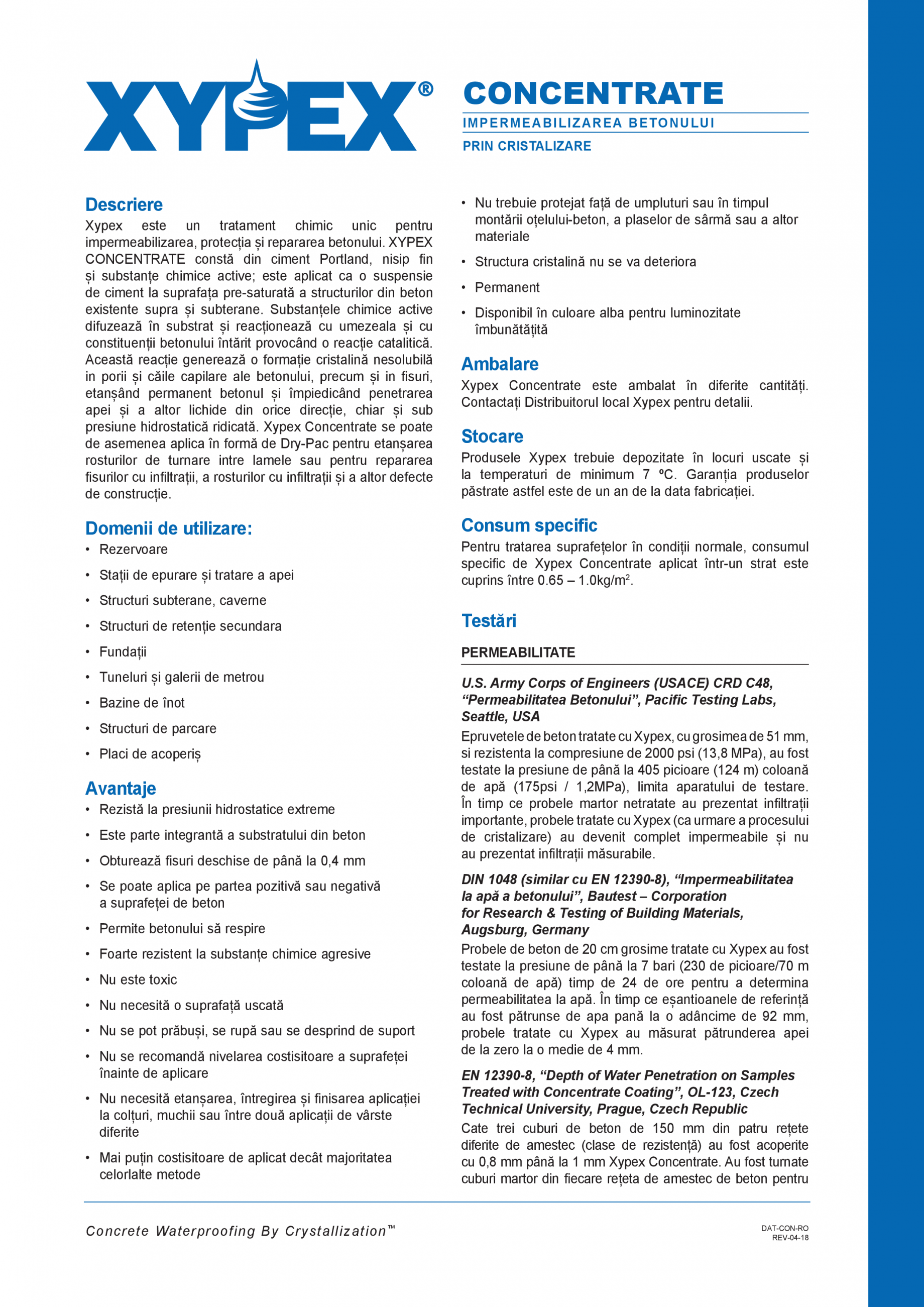 Tratament chimic pentru impermeabilizarea si protectia betonului si a otelului beton XYPEX XYPEX