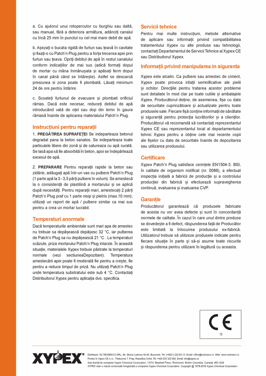 Pagina 2-Ciment hidraulic pentru reparatia betoanelor XYPEX XYPEX PATCH N PLUG Fisa tehnica Romana ține...