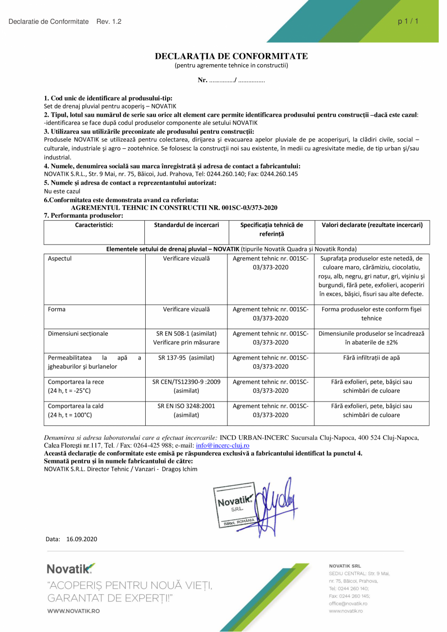 Pagina 1-Declaratie de Conformitate drenaj - NOVATIK-Rev-1.2-din-16.09.2020 NOVATIK Certificare produs Romana...
