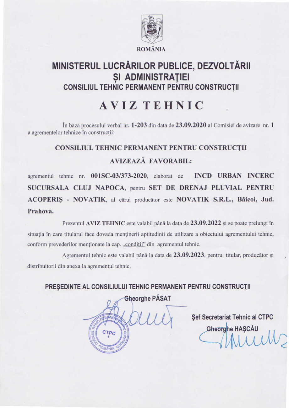 Pagina 1-Jgheaburi si burlane - Aviz Tehnic NOVATIK QUADRA, RONDA Certificare produs Romana M,iNIA
...