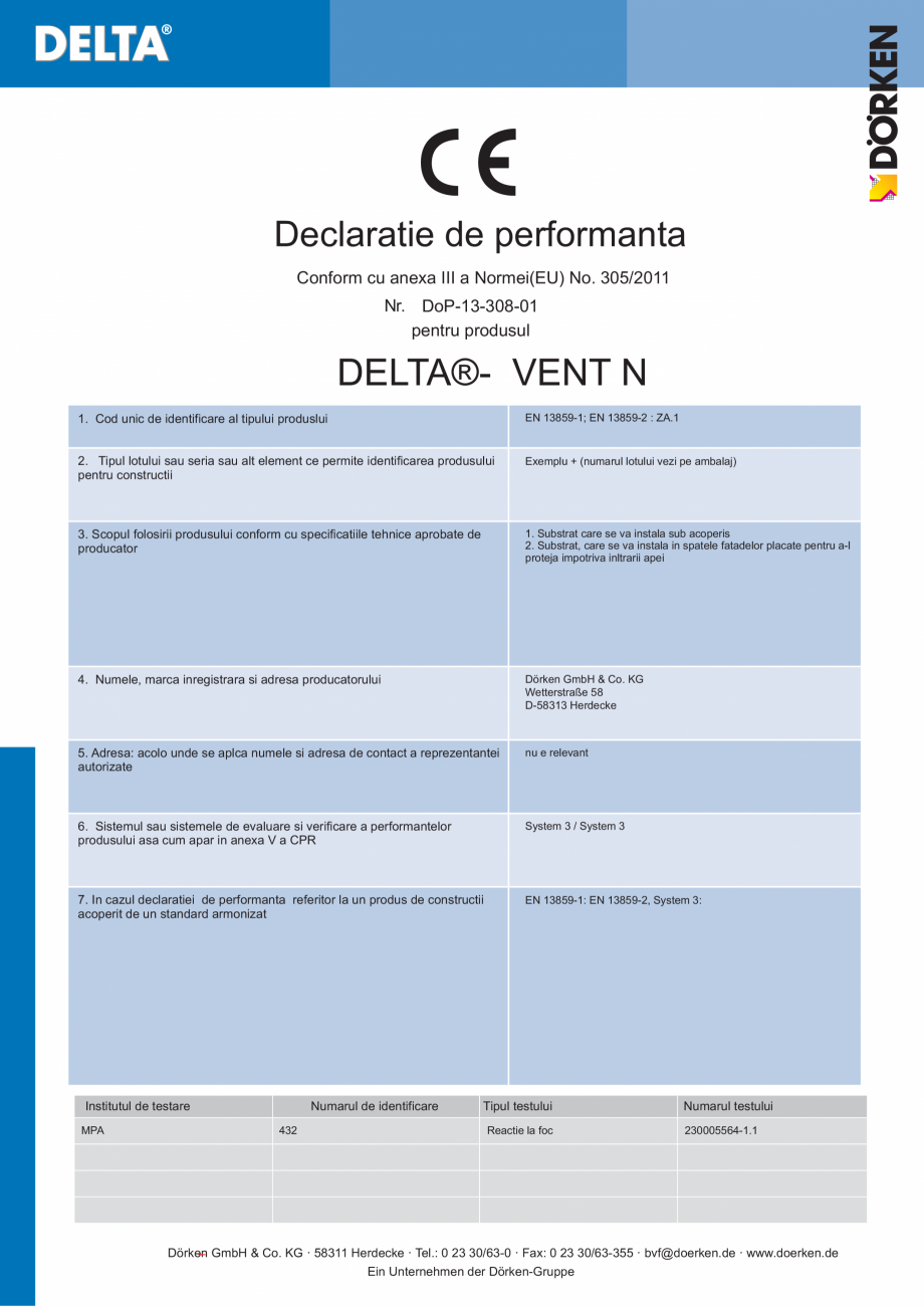 Pagina 1-Declaratie de performanta DELTA VENT N Certificare produs Romana Declaratie de performanta
Conform...