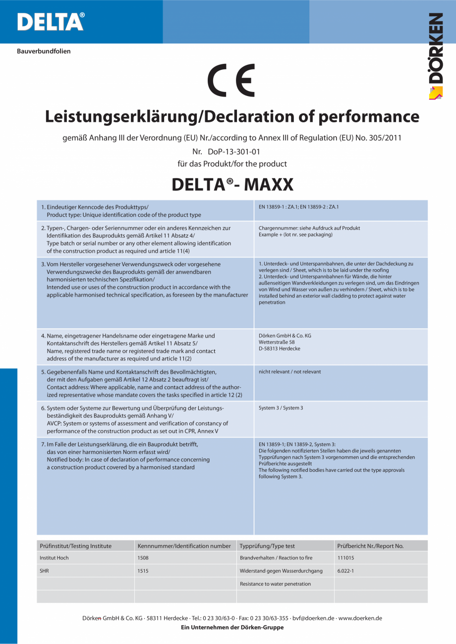 Pagina 1-Declaratie de performanta DELTA MAXX Certificare produs Germana, Engleza Bauverbundfolien
...